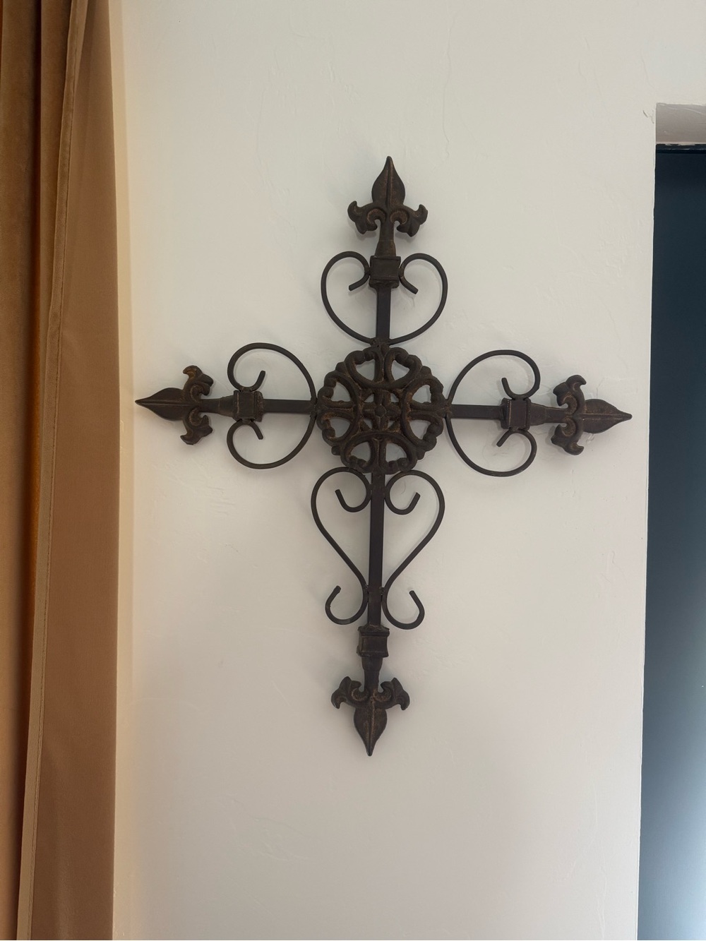 Ornate Brown Heavy Iron Wall Cross - Decorative Metal Wall Art
